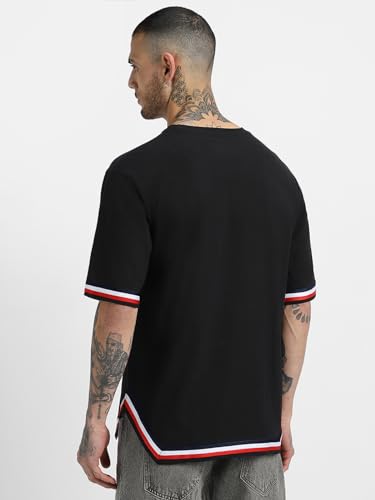 Image of Veirdo Pure Cotton Oversized Baggy Fit Half Sleeve Round Neck Tapered Hemline with Side Cuts T-Shirt for Men (Available in Black, Mustard, Fog Green, Navy)