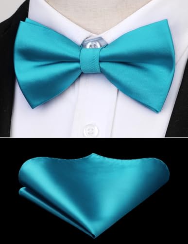 Image of HISDERN Bow Ties for Men Solid Color Pre-Tie Bow Tie and Pocket Square Set Classic Formal Tuxedo Bowties for Wedding Party