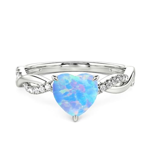 925 Sterling Silver Blue Opal Ring Heart Opal Engagement Rings for Women Opal Promise Ring Opal Gemstone Oval Sunburst Halo Ring for Women Birthstone Anniversary Ring Size 5 to 9