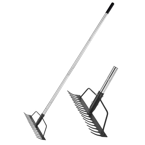 BARAYSTUS 15 Inch Wide Bow Rake 16 Steel Tines Metal Head Rake Tool with Stainless Steel Handle Adjustable Long Handle Garden Rake for Loosening Soil Leveling Mulch Gathering Lawns Leaves