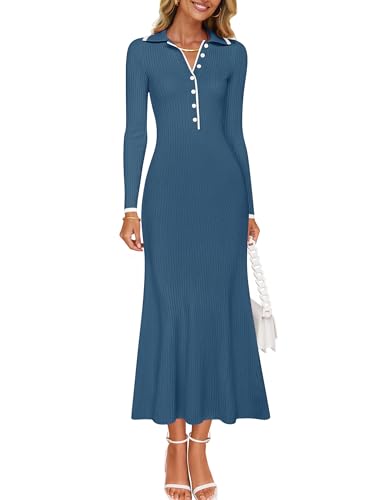 Image of ZESICA Women's Long Sleeve Sweater Dress 2026 Fall V Neck Ribbed Knit Casual Formal Cocktail Bodycon Maxi Dresses