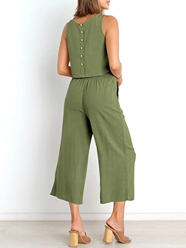 Image of ANRABESS Women's Summer 2 Piece Outfits Sleeveless Tank Crop Button Back Top Cropped Wide Leg Pants Set Pockets