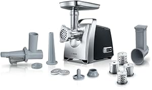 Bosch Fleischwolf MFW68660, Wurstausfatz, Reibe mit 4 Raspeln, 3 Edelstahl Lochscheiben (3, 4,8, 8mm), 2200 W Blockierleistung, 880 W, silber