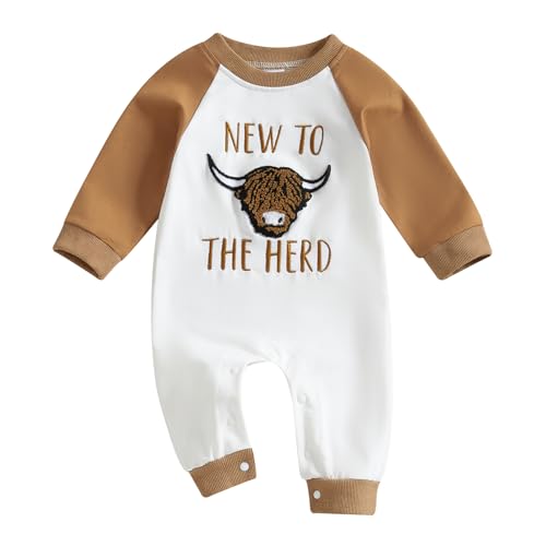 Image of Omkzanbi Western Baby Boy Clothes New to the Herd Jumpsuit Highland Cow Romper Pants Cute Embroidery Bodysuit Spring Outfit