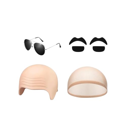 Gorro calvo para ocultar el pelo en disfraces de Halloween con gafas y bigote de fiesta
