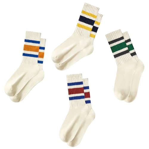 Image of Vintage Striped Crew Socks Slouchy Calf Tube Socks for Women and Men | Retro Athletic Mid-Calf Socks, Stretchy Knit Casual Comfort for Running Golf Tennis Volleyball & Daily Wear