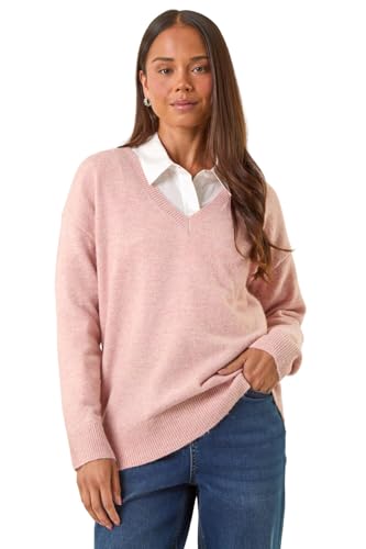 Image of Roman V-Neck Jumper for Women UK Ladies Boyfriend Fit Slouch Sweater Winter Autumn Textured Casual Flattering Knit Pullover Knitwear Daywear Lightweight Lounge - Petite Light Pink - Size 14