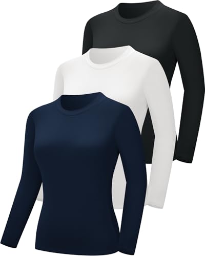 CE' CERDR 3 Pack Underscrub Long Sleeve Women Crew Neck Shirts Basic Tees Fitted Undershirts Stretchy Scrubs Tops,Black,White,Navy,Small