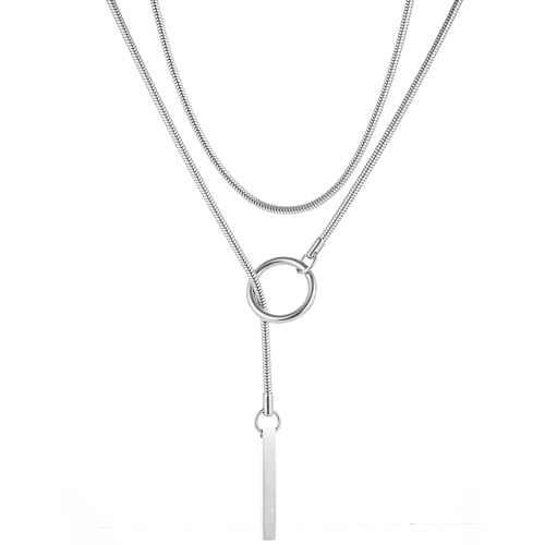 Dtexhif Slip Chain Necklace for Women Gothic Stainless Steel Bar Pendant Cuban Link Necklaces Adjustable Goth O Ring Long Necklaces Punk Rock Collar Choker Trendy Lariat Y Necklace (Long chain) by Dtexhif - Used condition - US$11.92