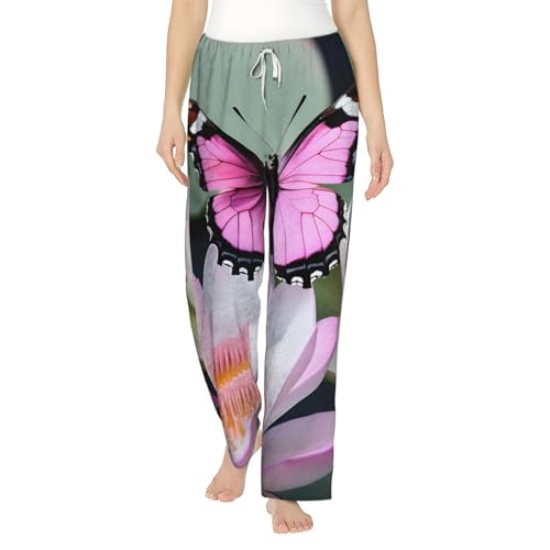 Cadeau vacances pyjama pantalon doux motif rose papillon chaud femme