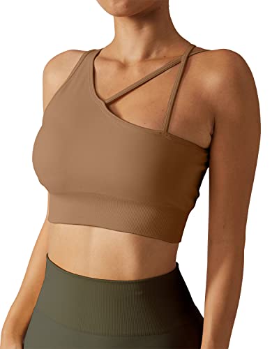 QINSEN Women's Workout One Shoulder Sports Bras Seamless Fitneess Running Yoga Crop Tops Coffee S