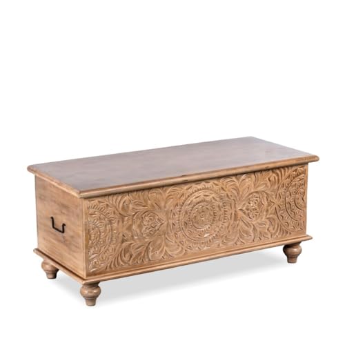 Image of Natura Solid Wood Coffee Table for Living Room Wooden Trunk Box for Storage | Handcrafted Center Table for Living Room with Sandook Storage | Pitara for Home and Bedroom (Natural Brown)