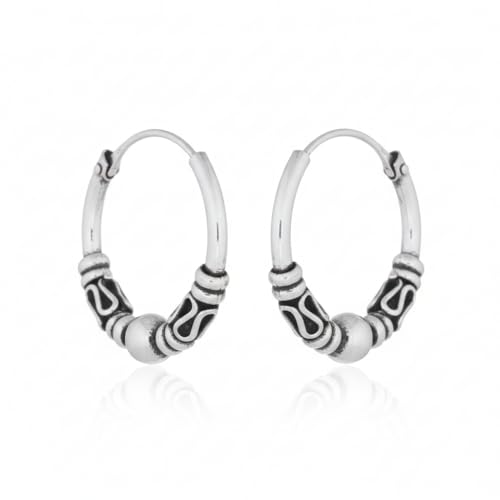 Pendientes OPIO Mini Aros Estilo Bali 14mm, Plata de Ley, Pequeños, Decorados con Bolita Central y Filigranas, Diseño Boho - MOON PLATA