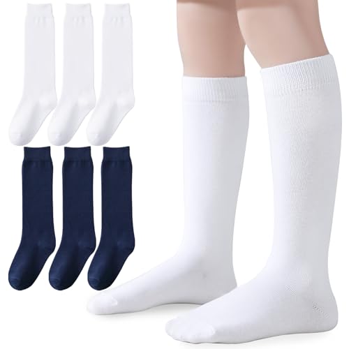 Knee High Socks for Girls Boys School Uniform Set - 3/6 Pack Cotton Tube Socks in Black, White, Navy Blue