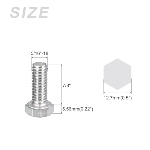Image of METALLIXITY Hex Head Bolts (5 /16-18 x 7 /8 inch) 20Pcs, 304 Stainless Steel 18-8, Fully Threaded, External Hex Drive, Plain Finish, Hex Head Screw Bolt, Silver