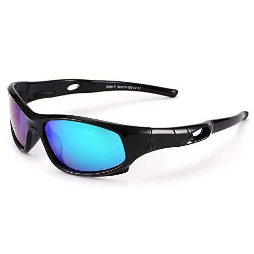 Coasion Kids Sports Polarized Sunglasses With Strap 2 Pack Mirrored Glasses Shades For Boys Girls Age 4-12 (Black/Green Mirror+White-Red/Orange Mirror) #TOP2