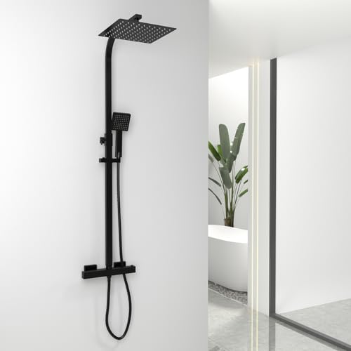 Rainfall Black Shower System with Thermostatic Mixer Valve, 250mm Square Overhead Shower Head, Handheld Shower Head, 1.5M Hose