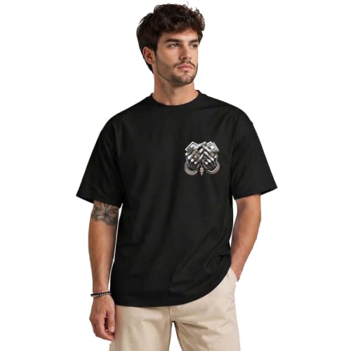 Image of Men's Oversized Black Graphic Printed T-Shirt | Premium Cotton Blend Half Sleeve Round Neck Casual Streetwear Tee for Men|Size S to XXL
