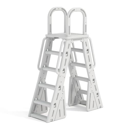 A-Frame Above Ground Pool Ladder with Anti-Slip Steps, Heavy Duty Swimming Pool Steps with Safety Barrier and Handrails Fits 48-56 Inch Pools, 400LBS Capacity, HDPE Material, White