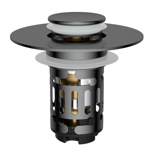 Hibbent Upgraded 3 in 1 Bathroom Sink Drain Strainer, Universal Pop Up Stopper with Removable Stainless Steel Filter Basket Hair Catcher, Sink Plug for 1.1''~2.36'' Basin, Brass Bullet Core,