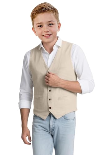 Boys Linen Vest Casual V Neck Kids Waistcoat with Pocket Boy Suit Vest for Summer Beach Wedding2