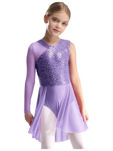 TTAO Vestido de ballet para niños y niñas, de gasa, con falda de gasa, tutú, maillot de gimnasia, estilo lírico, moderno, dancewear, Morado claro, 110-116