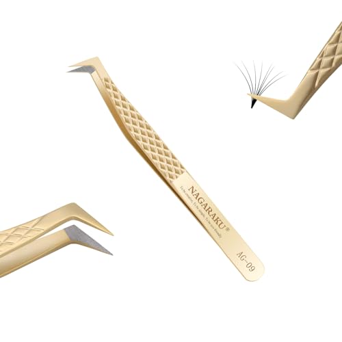 NAGARAKU Precision Fiber Tip Tweezer for Eyelash Extensions Diamond Grip Anti-Static Anti-Slip Premium Stainless Steel Pointed Volume Eyelashes Boot Tweezers Supplies with Box(L Typ Tweezers AG-09)