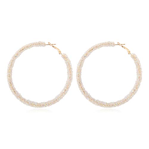 RIAH FASHION Glitter Rhinestone Statement Hoop Earrings - Sparkly Crystal Geometric Round Metal Hoops (Sparkly Crystal Hoop - Clear White)