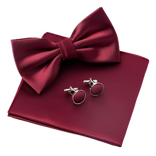 Fliege Herren Mit Taschentuch Manschettenknöpfe Set,Weinrot Fliege Seide Einstecktuch mit Manschettenknöpfe,Verstellbare Vorgebundene Fliege für...