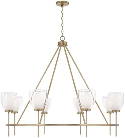 Capital Lighting 455981AD Joss Layered Soft White and Clear Glass Round Chandelier, 8-Light 480 Total Watts, 37" H x 46" W, Aged Brass