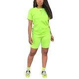PINSV Women's 2 Piece Outfits Summer Solid Bodycon Short Pants Workout Sets Uni Fluo Green S