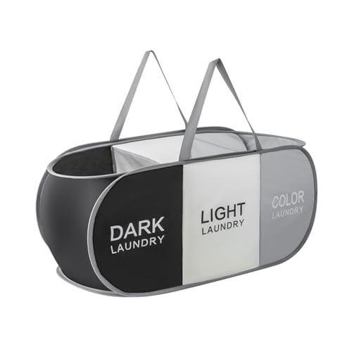 TECHMILLY ランドリーバスケット 横型 折りたたみ 洗濯カゴ 大容量 75L 3分割 ランドリーバッグ 取っ手付き バスルーム 洗濯物入れ 軽量 旅行 ランドリー収納 ゴミ箱 長さ78cm×幅さ33.5cm×高さ34cm(ベージュ+グレー+ブラック、1PCS)