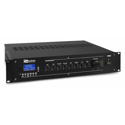 Power Dynamics PRM60 - Amplificador 100V 60W con Bluetooth, USB, SD, MP3, 4 entradas RCA, 2 micrófonos, VOX, Phantom 24V, Ideal para megafonía y música Ambiental en instalaciones fijas