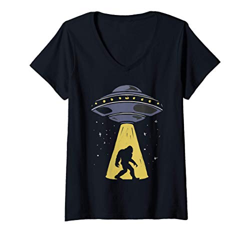 Mujer UFO Bigfoot Sasquatch Abduction Funny Science Fiction Gift Camiseta Cuello V