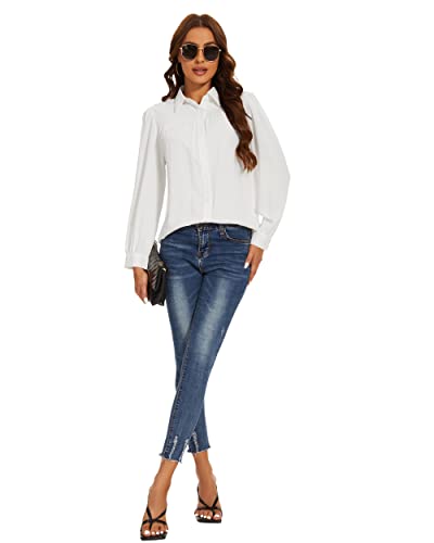 Womens Button Down Shirts Long Sleeve Casual Chiffon Blouses Collared Work Office Tops White #TOP4
