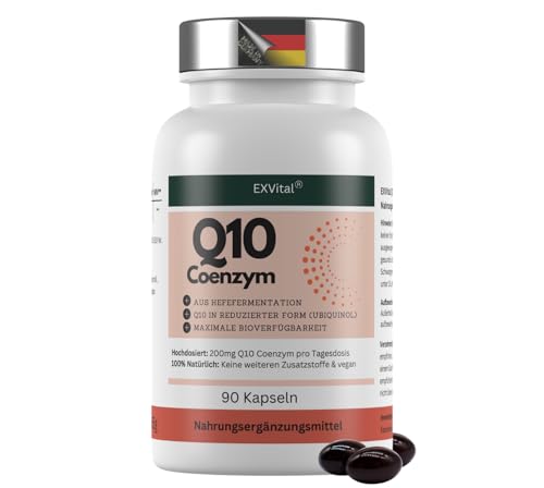EXVital Q10 Coenzym Ubiquinol 200mg pro Kapsel 90 vegane Kapseln reicht für 3 Monate hochdosiert & ohne Zusätze in Deutschland produziert & laborgeprüft