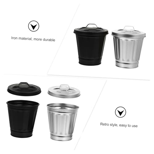 Bote de basura de escritorio negro mini con tapa de hierro 2pcs miniatura 7