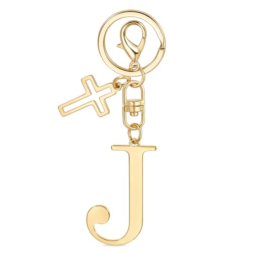 MWOOT Porte-clés Initiale Lettre Croix, Keychains Cross Keyring, Porte Clef Voiture, Porte-clés Acier Inoxydable, Cadeau Femme Homme Anniversaire (Doré J)