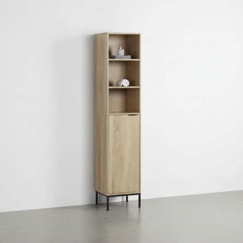 INDE MOBLEKIT | Estantería de Baño 5 Niveles 30×30×160 cm, Mueble de Madera y Metal con Compartimentos Abiertos y Puerta Inferior, Columna Auxiliar para Toallas, Cosmética y Almacenaje en Baño