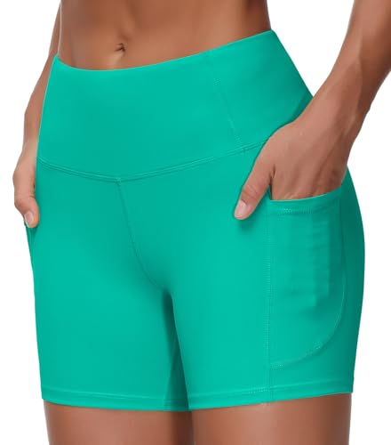 Image of THE GYM PEOPLE High Waist Yoga Shorts for Women's Tummy Control Fitness Athletic Workout Running Shorts with Deep Pockets