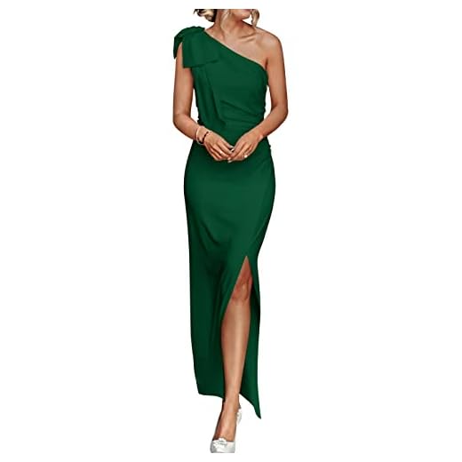 PRETTYGARDEN Women's Summer One Shoulder Long Formal Dresses Sleeveless Ruched Bodycon Wedding Guest Slit Maxi Dress (Dark Green,Small)