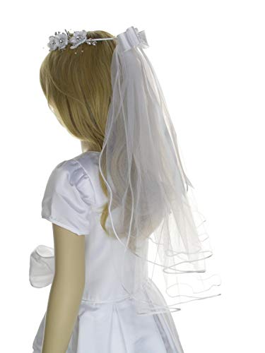 DivaDesigns Flower Girl Communion Party Wedding Girl's Veil with Below Elbow Length Stretch Satin Gloves