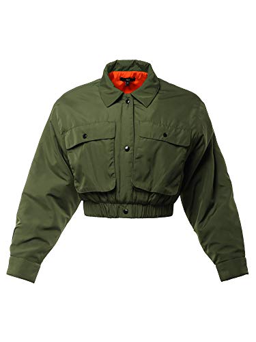 Cropped Front Two Pocket Snap Quilted Padding Bomber Jacket Olive L