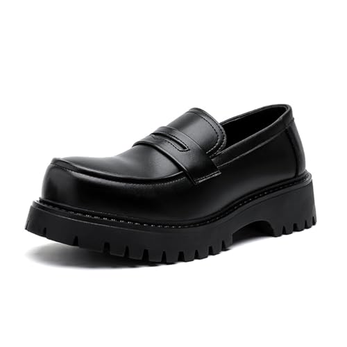 Men's Leather Chunky Platform Loafers Retro Round Toe Lug Sole Non-Slip Slip-On Dress Shoes for Business, Wedding, Campus Dance