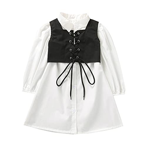 RSRZRCJ Kids Toddler Baby Girl Fall Winter Clothes Long Sleeve Shirt Dress with Strap Lace-up Camisole Vest Playwear Dresses (White+Lace Up Black, 4-5T)