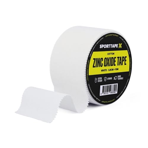 SPORTTAPE Zinc Oxide Tape - 3.8cm x 10m | White Sports Strapping | Ankle Stability Blister Prevention for Foot & Wrist Support | Boxing Rugby & Football Athletic Tape for Sports Injury & First Aid
