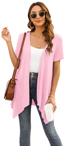 Image of Veryoung Floral Short Sleeve Cardigans for Women Casual Drape Open Front Lightweight Summer Cardigan with Pocket High Low Hem