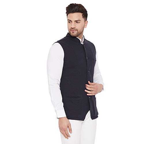 Image of HYPERNATION Navy Blue Color Cotton Men's Knitted Waistcoat(HYPM03115)