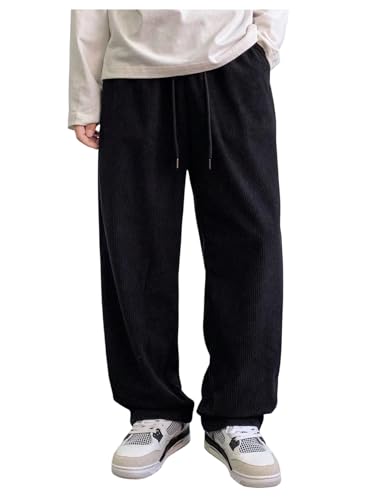 SOLY HUX Men's Corduroy Pants Drawstring Elastic Waist Baggy Straight Leg Pants with Pockets