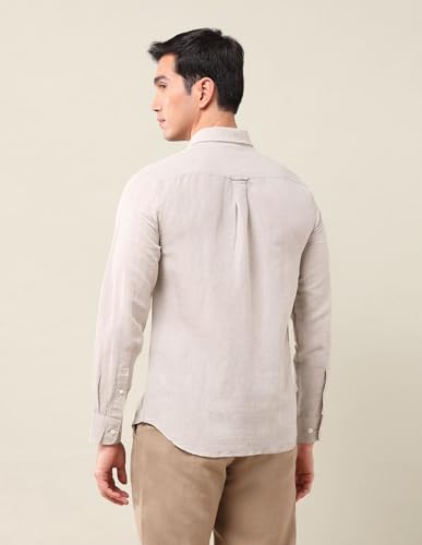 Image of U.S. Polo Assn. Men's Beige Solid Spread Collar Full Sleeve Casual Linen Tailored Fit Shirt